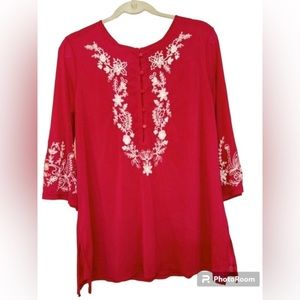 Embroidered Henley Tunic - w/ flare 3/4 sleeves
- Pink - 1X - Susan Graver